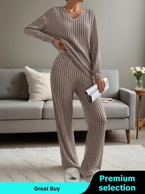 Women's Solid Color Ribbed Drop Shoulder Top & Pants Loungewear Two-piece Set, Casual Comfy Long Sleeve V Neck Top & Trousers Pj Set, Ladies Sleepwear for Spring & Fall, 2 Piece Sets Women, Pajama Sets Women, Lounge Set for Women