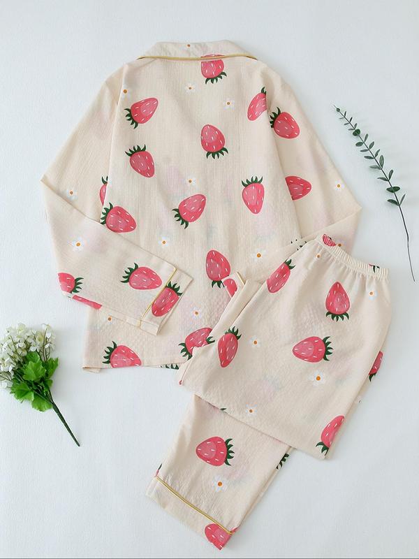 Women's Strawberry Print Lapel Collar Button Front Shirt & Elastic Waist Pants Pyjama Two-piece Set, Casual Long Sleeve Pocket Top & Trousers Pj Set, Pajama Sets Women, Lady Comfort Lounge Set Sleepwear for Spring & Fall, Fall Wear, Fallfreshness