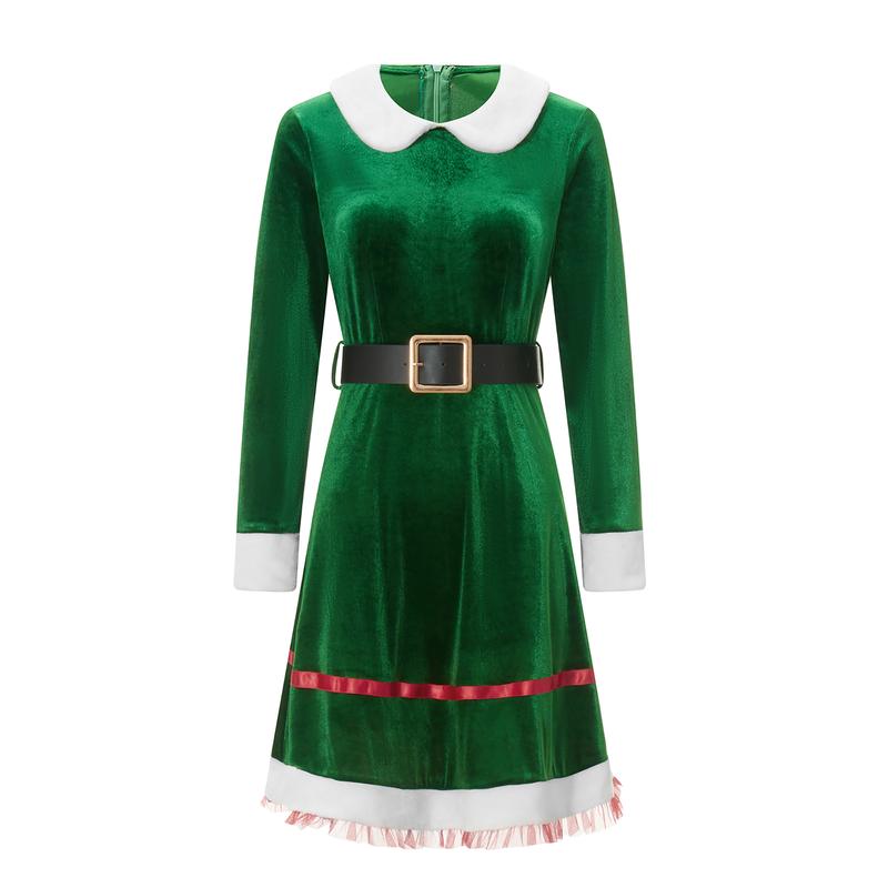 Women Christmas Elf Costume Set Velvet Dress Belt Striped Over Knee High Socks Elf Hat Shoes for Cosplay Skirt + Belt