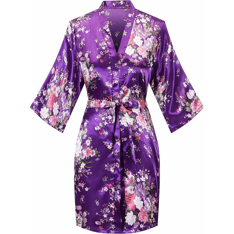 Womens Short Floral Robes Satin Kimono Bathrobes Silky Bride Bridesmaid Party Sleepwear Loungewear Knee Length Womenswear Gowns