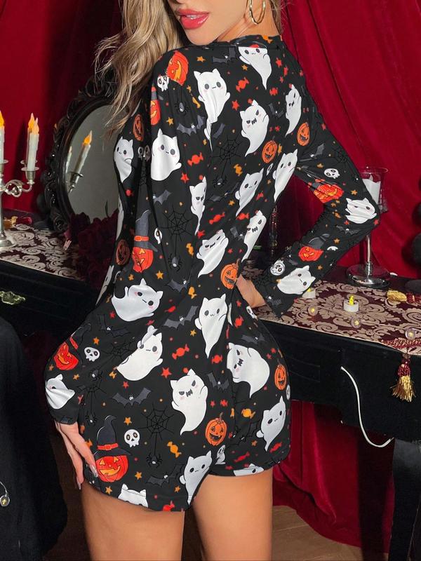 Christmas Women's Halloween Themed Cartoon Print Button Front Sleep Romper, Casual Comfy Long Sleeve V Neck Sleep Jumpsuit for Fall, Halloween Pajamas, Lady's Sleepwear for Indoor Wear