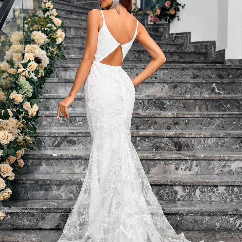 Ladies Sleeveless Camisole V-neck Sequined Mermaid White Wedding Dress Backless Lace Floor Length Evening Gown Sweetheart Sequin Women's Sexy Fabric Fashion Formal Spaghetti Strap Formal Spaghetti Strap Formal Spaghetti Strap