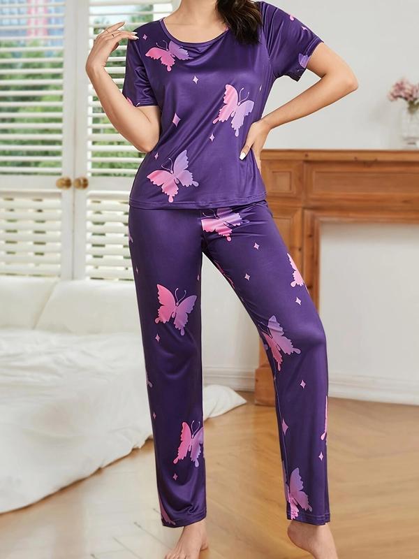 Two-Piece Set Women's Butterfly Print Crew Neck Sleep Tee & Elastic Waist Pants Pyjama, Casual Comfy Round Neck Short Sleeve T-Shirt & Trousers PJ Set, Ladies Sleepwear for All Seasons