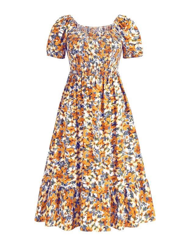  Frenchy Style Ditsy Floral Print Puff Sleeve A Line Maxi Vintage Dress, Square Neck Shirred Dress, Back To School Outfits, Summer Dresses 2024, Dresses for Women, Plus Size Women's Clothing,  Plus Size Fall Clothing