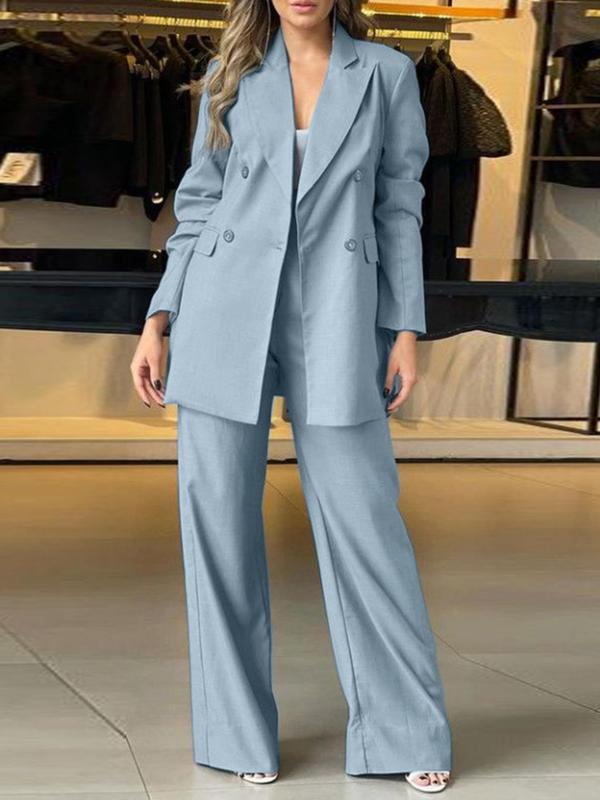 Two-piece Set Women's Solid Double Button Lapel Neck Blazer & Plicated Pants, Long Sleeve Outerwear & Trousers for Work Office Business, Ladies Fall & Winter Clothes, Minimalist Womenswear