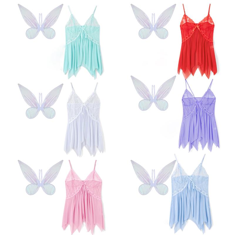 Women Halloween 2Pcs Fairy Costume Set Sexy Spaghetti Strap V Neck Low Cut Lace Sheer Mini Dress & Butterfly Wings Dress Up