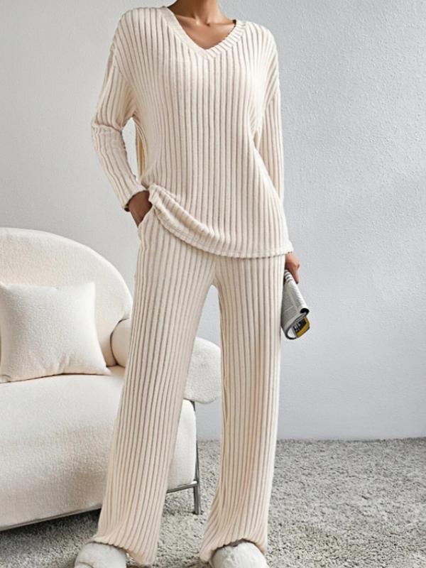 Women's Solid Color Ribbed Drop Shoulder Top & Pants Loungewear Two-piece Set, Casual Comfy Long Sleeve V Neck Top & Trousers Pj Set, Ladies Sleepwear for Spring & Fall, 2 Piece Sets Women, Pajama Sets Women, Lounge Set for Women