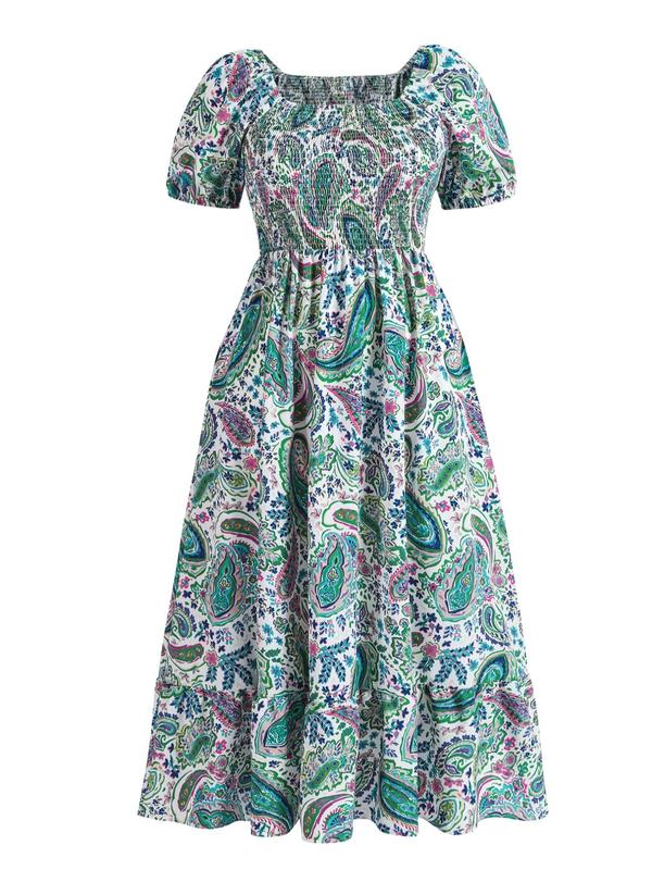  Frenchy Style Ditsy Floral Print Puff Sleeve A Line Maxi Vintage Dress, Square Neck Shirred Dress, Back To School Outfits, Summer Dresses 2024, Dresses for Women, Plus Size Women's Clothing,  Plus Size Fall Clothing