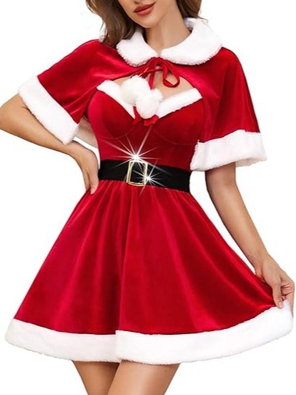 RSLOVE Sexy Christmas Outfits for Women - Mrs Santa Claus Costume with Cape and Belt 3Pcs Xmas Velvet Santa Babydoll