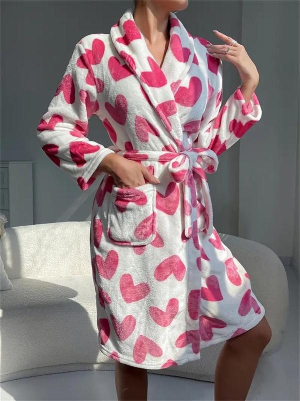 Fall Women's Floral Strawberry Print Wrapped Belted Flannel Lounge Robe, Fall Wear, Fallfreshness Casual Pocket Shawl Collar Thermal Robe, Fluffy Pajamas, Women's Fall & Winter Soft Pj for Homewear, Fall Wear for Women