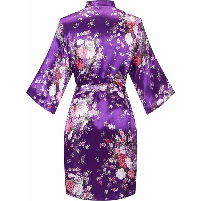 Womens Short Floral Robes Satin Kimono Bathrobes Silky Bride Bridesmaid Party Sleepwear Loungewear Knee Length Womenswear Gowns