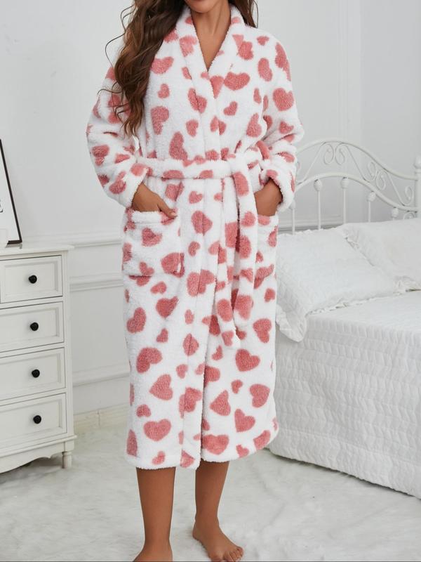 Women's Heart Print Belted Pocket Lounge Robe, Casual Long Sleeve V Neck Warm Robe, Ladies Sleepwear for Fall & Winter