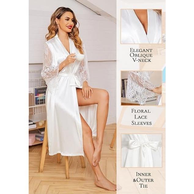 Avidlove Women's Floral Lace Kimono Robe Long Sleeves Dressing Gown Bathrobe Bride Robe Nightwear Satin Womenswear