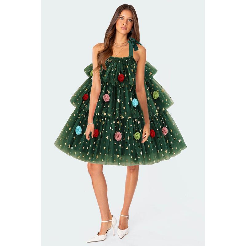 Women Christmas Tree Dress Sleeveless Sequin Layered Tulle Tutu Dress Christmas Xmas Tree Green Dresses Casual Womenswear Fit Forest Style Twist Comfort