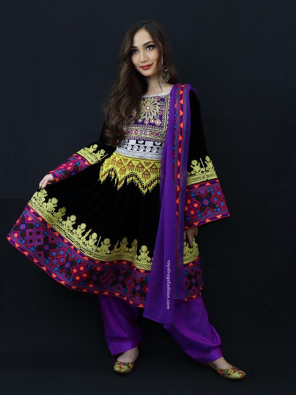 Purple And Black Velvet Gand E Afghani With Handmade Yellow Chirma #2008