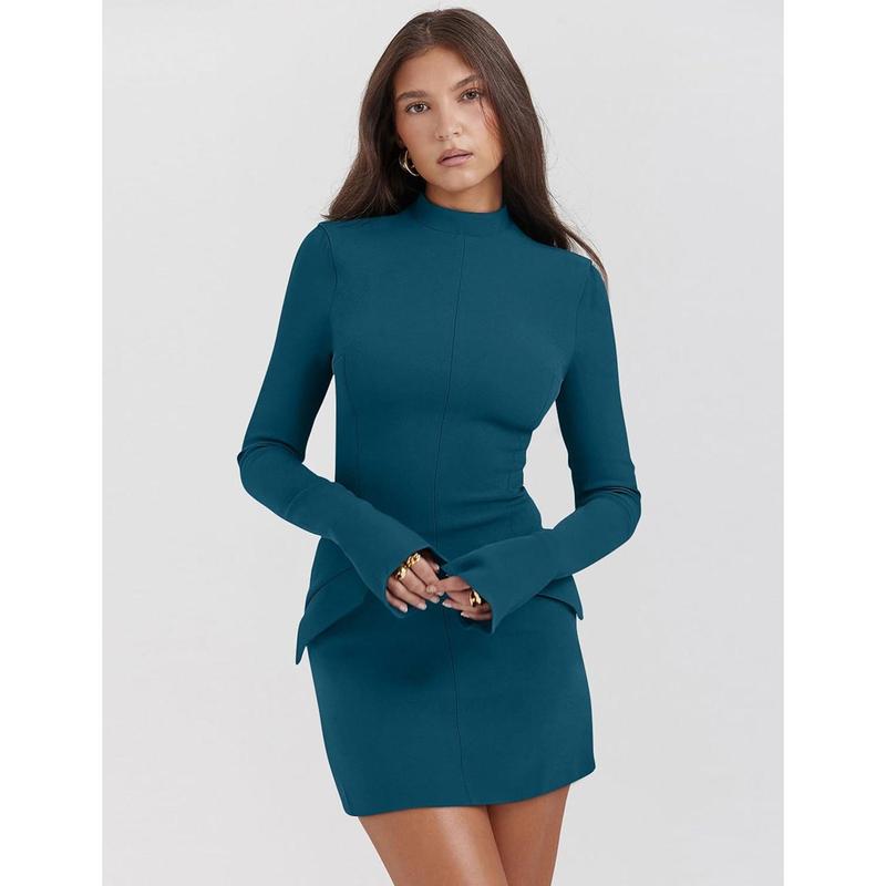 Women's Long Sleeve Mock Turtle Neck Bodycon Mini Tank Short Party Dress