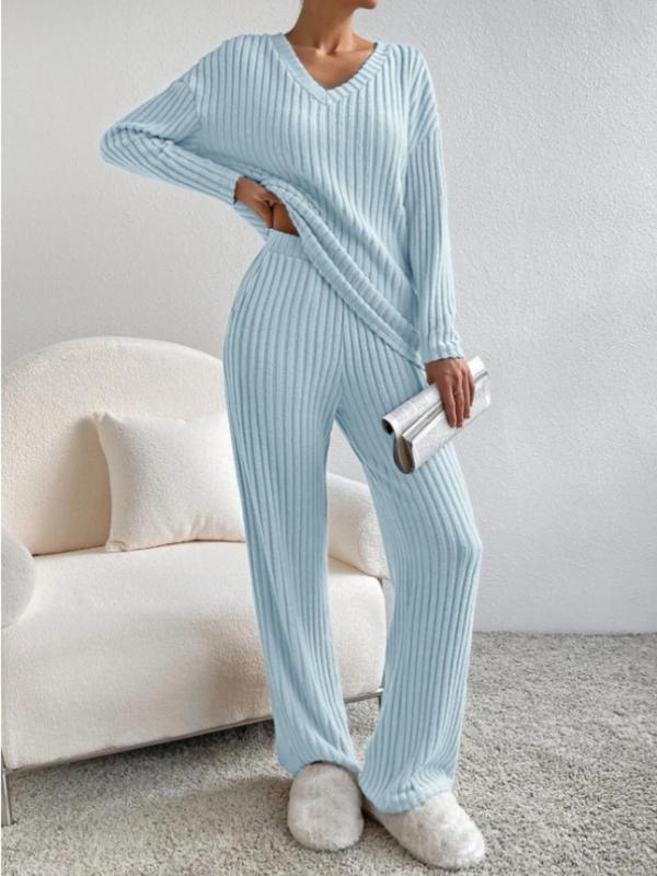 Women's Solid Color Ribbed Drop Shoulder Top & Pants Loungewear Two-piece Set, Casual Comfy Long Sleeve V Neck Top & Trousers Pj Set, Ladies Sleepwear for Spring & Fall, 2 Piece Sets Women, Pajama Sets Women, Lounge Set for Women