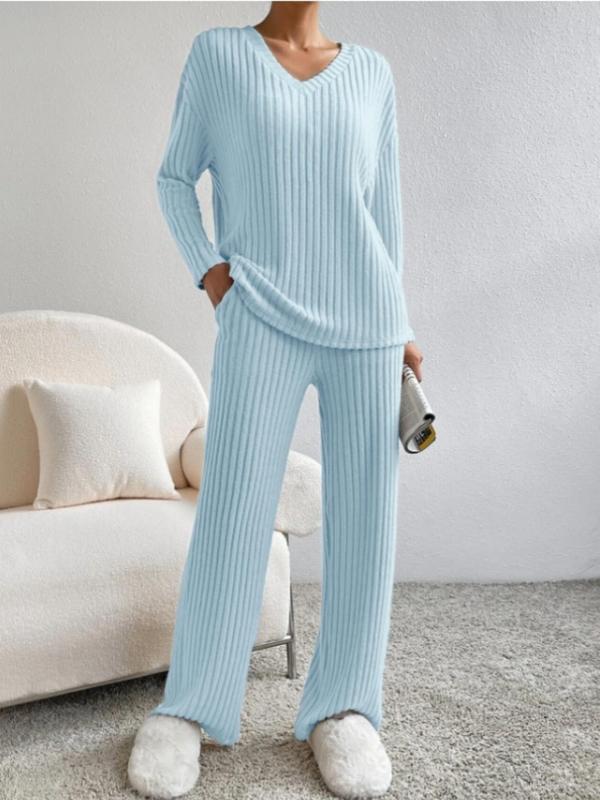 Women's Solid Color Ribbed Drop Shoulder Top & Pants Loungewear Two-piece Set, Casual Comfy Long Sleeve V Neck Top & Trousers Pj Set, Ladies Sleepwear for Spring & Fall, 2 Piece Sets Women, Pajama Sets Women, Lounge Set for Women