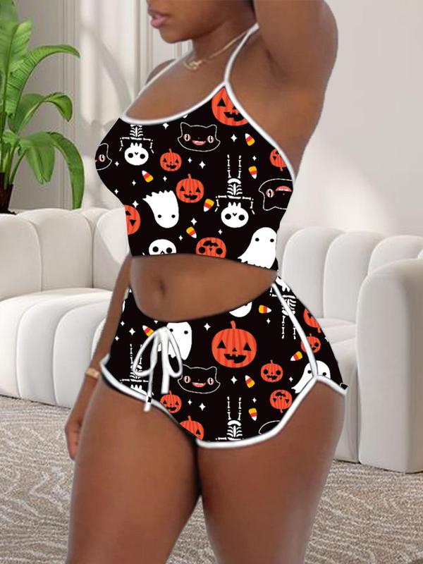 Women's Christmas Skeleton Print Contrast Binding Halter Neck Crop Top & Elastic Waist Shorts Loungewear Two-piece Set, Casual Comfy Halloween Themed Backless Top & Tie Front Shorts PJ Set, Ladies Sleepwear for Summer