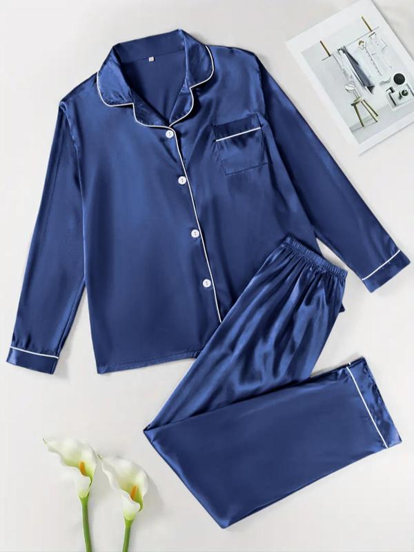 Two-Piece Set Women's Solid Contrast Binding Satin Pajamas, Lounge Sets, Long Sleeve Lapel Button Front Shirt & Elastic Waist Pants PJ Set, Casual Comfortable Sleepwear Set for Women