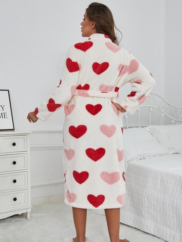 Women's Heart Print Belted Pocket Lounge Robe, Casual Long Sleeve V Neck Warm Robe, Ladies Sleepwear for Fall & Winter