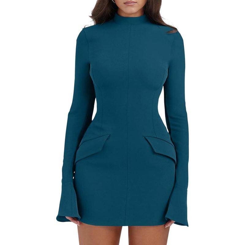 Women's Long Sleeve Mock Turtle Neck Bodycon Mini Tank Short Party Dress