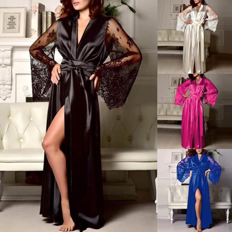 Womens Nightdress Sexy Long Lace Lingerie Nightwear Bath Robe Gown Imitation Ice Silk Nightdress Solid Color Nightgown