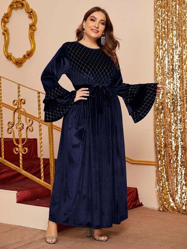  Rhombus Pattern Belted Velvet Dress, Elegant Layered Sleeve Round Neck A Line Dress for Party Evening Formal Occasions, Women's Clothes for Spring & Fall