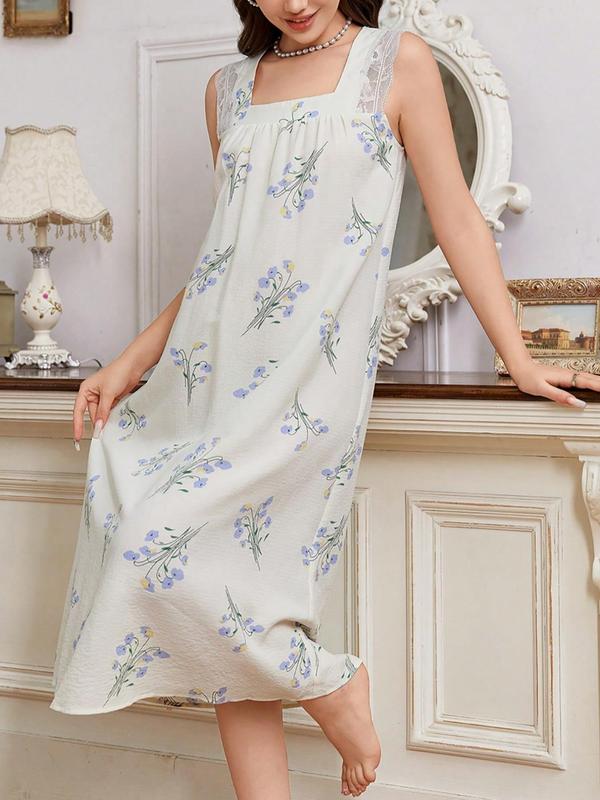 Women's Floral Print Contrast Lace Square Neck Nightdress, Casual Soft Comfortable Sleeveless Nightgown for All Seasons, Ladies Sleepwear for Indoor Wear