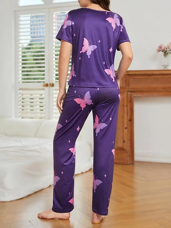 Two-Piece Set Women's Butterfly Print Crew Neck Sleep Tee & Elastic Waist Pants Pyjama, Casual Comfy Round Neck Short Sleeve T-Shirt & Trousers PJ Set, Ladies Sleepwear for All Seasons