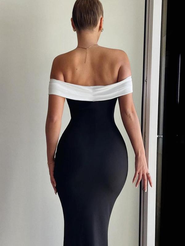 Women's Colorblock Off The Shoulder Ruched Mermaid Dress, Elegant Short Sleeve Long Dress for Party Club Dating Wear, Ladies Summer Clothes