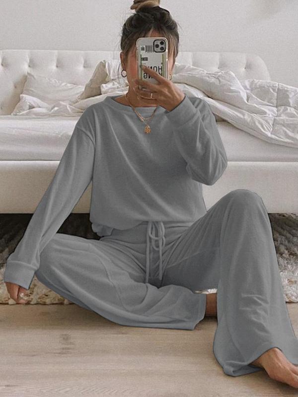 Women's Plain Boat Neck Lounge Tee & Tie Front Pocket Pants Loungewear Set, Fall Wear, Fallfreshness Casual Comfy Drop Shoulder Top & Elastic Waist Trousers Pj Set, Ladies Back To School Sleepwear for Spring & Fall, Pajama Pants at Gym