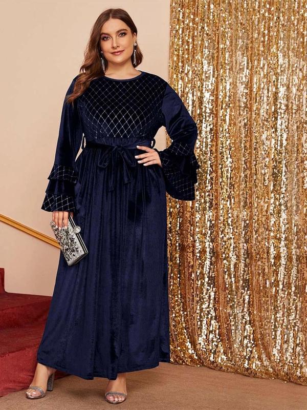  Rhombus Pattern Belted Velvet Dress, Elegant Layered Sleeve Round Neck A Line Dress for Party Evening Formal Occasions, Women's Clothes for Spring & Fall