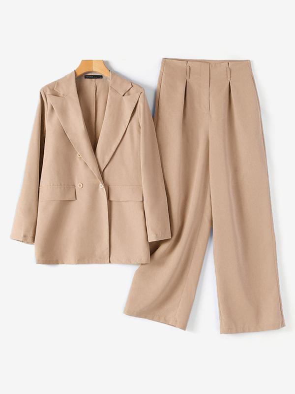 Two-piece Set Women's Solid Double Button Lapel Neck Blazer & Plicated Pants, Long Sleeve Outerwear & Trousers for Work Office Business, Ladies Fall & Winter Clothes, Minimalist Womenswear