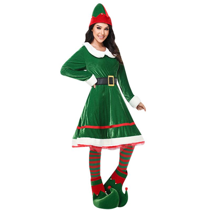 Women Christmas Elf Costume Set Velvet Dress Belt Striped Over Knee High Socks Elf Hat Shoes for Cosplay Skirt + Belt