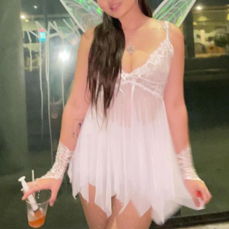 Women Halloween 2Pcs Fairy Costume Set Sexy Spaghetti Strap V Neck Low Cut Lace Sheer Mini Dress & Butterfly Wings Dress Up