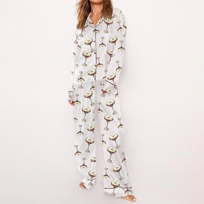 Espresso Martini Pajama Set Print Comfy Satin Sleepwear & Loungewear Pjs Top & Shorts - Without Bottom Pockets - SHESHOW