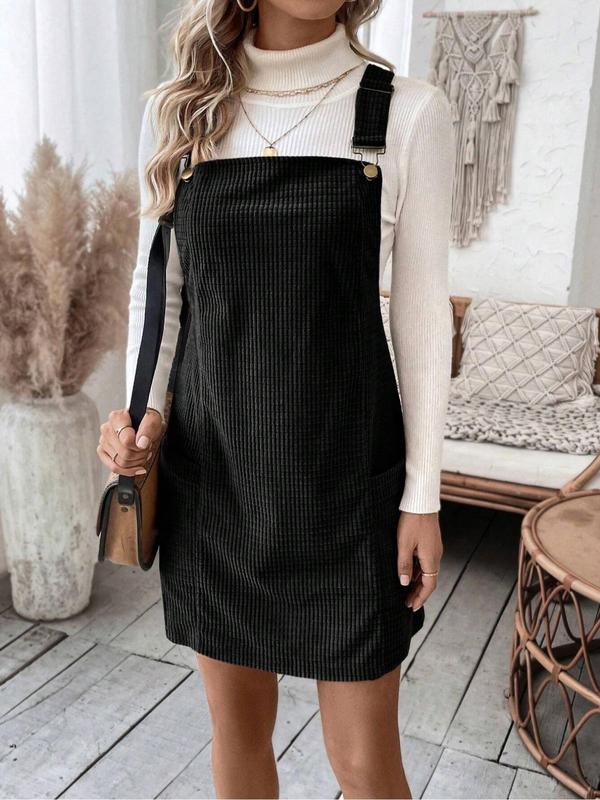 Women's Solid Color Adjustable Strap Pinafore Dress, Elegant Fashion Casual Pocket Design Short Dress for Daily Outdoor Wear, Casual Wear Ladies Dress for All Seasons