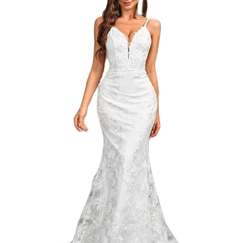 Ladies Sleeveless Camisole V-neck Sequined Mermaid White Wedding Dress Backless Lace Floor Length Evening Gown Sweetheart Sequin Women's Sexy Fabric Fashion Formal Spaghetti Strap Formal Spaghetti Strap Formal Spaghetti Strap