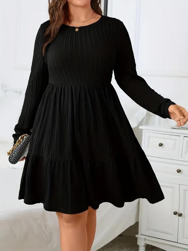 Plus Size Textured Ruffle Hem Pocket A Line Dresses for Women, Elegant Long Sleeve Round Neck Dress for Fall & Winter, Dresses for Women, Birthday Dresses 2024, Gift Set, Plus Size Women's Clothing for Daily Vacation Party