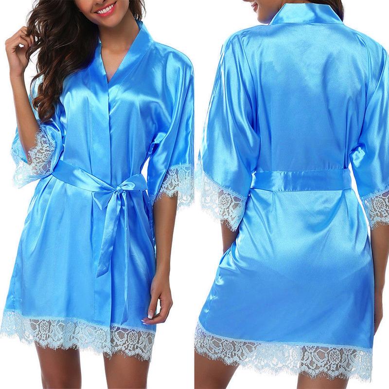 Women's Night Robes, Medium Sleeve Lace Smooth Robes, Bridesmaid Bridal Party Satin Robes, Sleepwear with Removable Waist Belt Satin Belted Loungewear