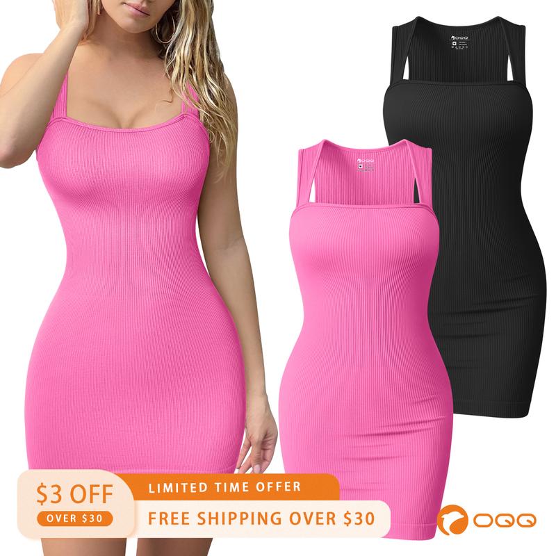 OQQfitness Womenswear Two Pieces Casual Wear Sexy Ribbed Strappy Square Neck Sleeveless Summer Comfort Minimalist Basic Dress