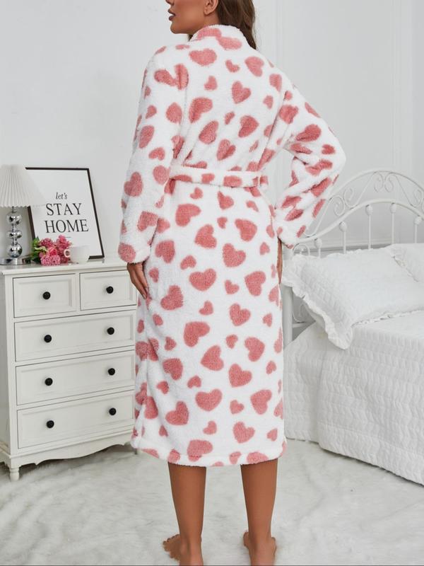 Women's Heart Print Belted Pocket Lounge Robe, Casual Long Sleeve V Neck Warm Robe, Ladies Sleepwear for Fall & Winter