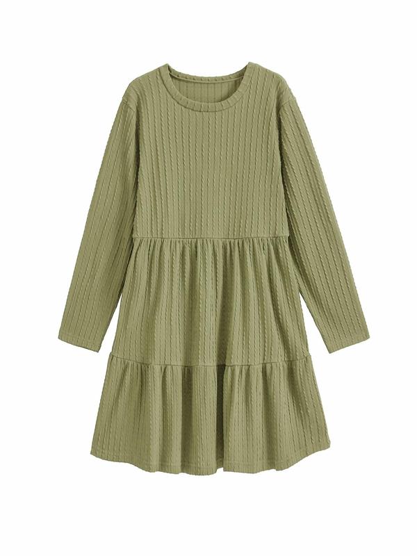 Plus Size Textured Ruffle Hem Pocket A Line Dresses for Women, Elegant Long Sleeve Round Neck Dress for Fall & Winter, Dresses for Women, Birthday Dresses 2024, Gift Set, Plus Size Women's Clothing for Daily Vacation Party