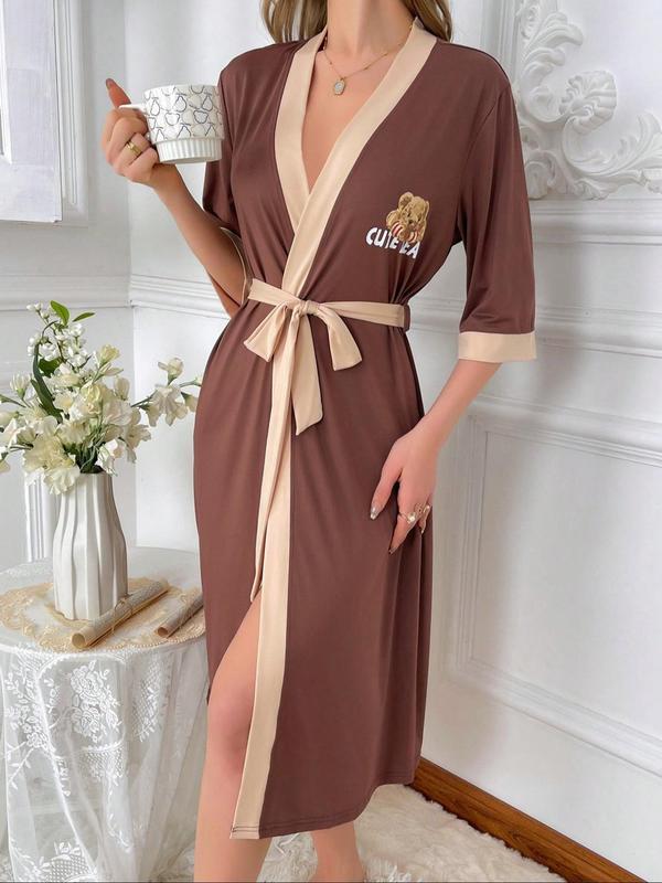 Women's Cartoon Bear Print Contrast Binding Belted Lounge Robe, Casual Drop Shoulder V Neck Half Sleeve Midi Robe, Ladies Sleepwear for Spring & Fall