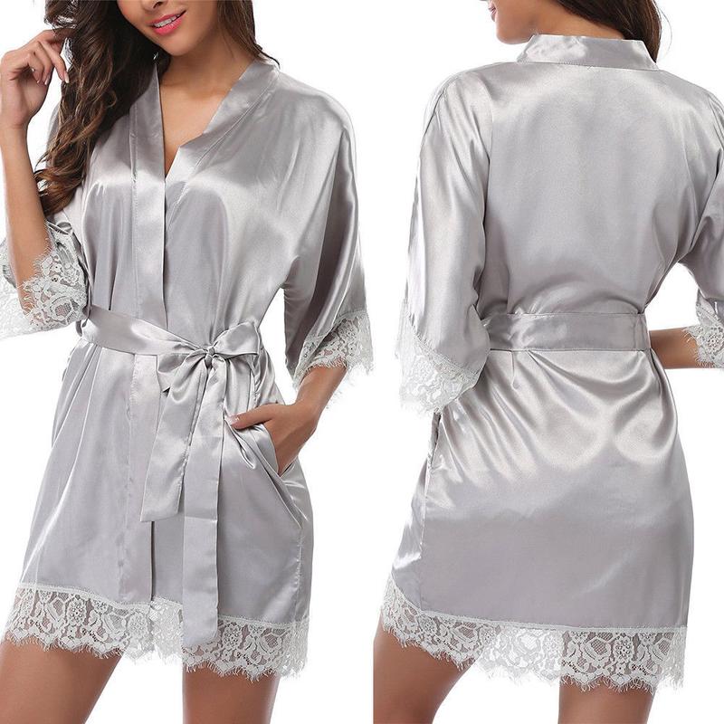 Women's Night Robes, Medium Sleeve Lace Smooth Robes, Bridesmaid Bridal Party Satin Robes, Sleepwear with Removable Waist Belt Satin Belted Loungewear