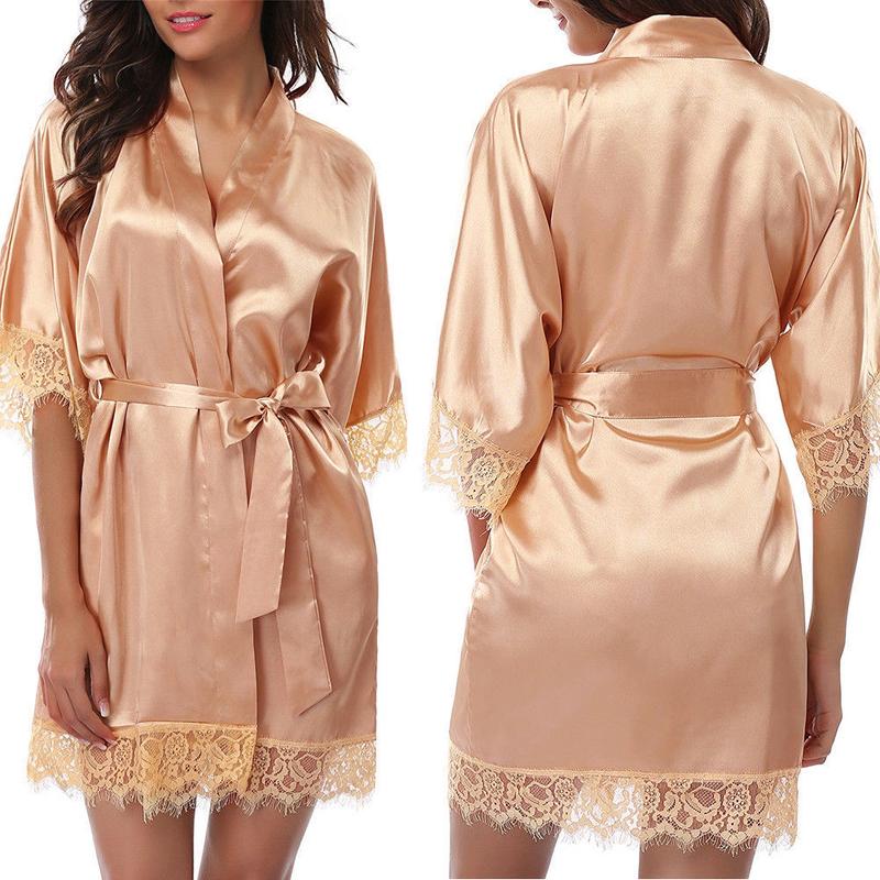 Women's Night Robes, Medium Sleeve Lace Smooth Robes, Bridesmaid Bridal Party Satin Robes, Sleepwear with Removable Waist Belt Satin Belted Loungewear