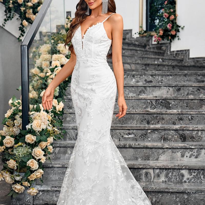 Ladies Sleeveless Camisole V-neck Sequined Mermaid White Wedding Dress Backless Lace Floor Length Evening Gown Sweetheart Sequin Women's Sexy Fabric Fashion Formal Spaghetti Strap Formal Spaghetti Strap Formal Spaghetti Strap