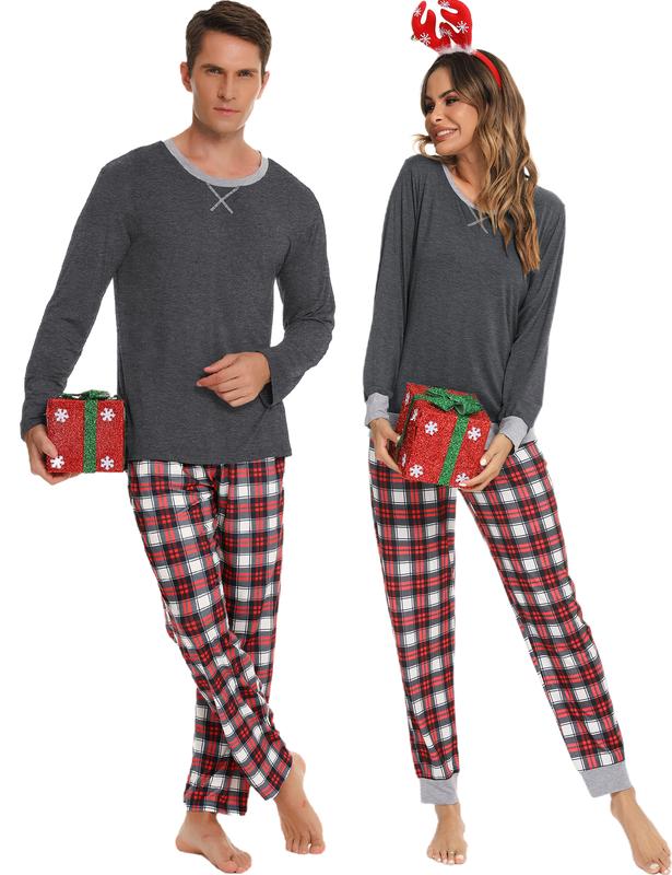 SWOMOG Men & Women Pajama Sets for  Long Sleeve Sleepwear Plaid Pants Loungewear Set with Pockets Comfortable Fabric Womenswear