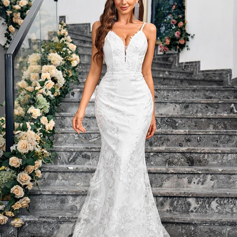 Ladies Sleeveless Camisole V-neck Sequined Mermaid White Wedding Dress Backless Lace Floor Length Evening Gown Sweetheart Sequin Women's Sexy Fabric Fashion Formal Spaghetti Strap Formal Spaghetti Strap Formal Spaghetti Strap